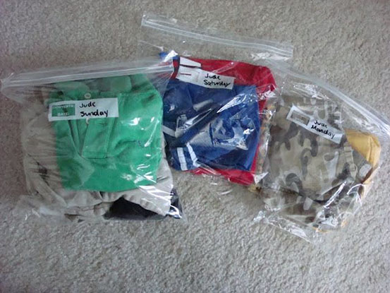 Clothes packed in ziploc bags.