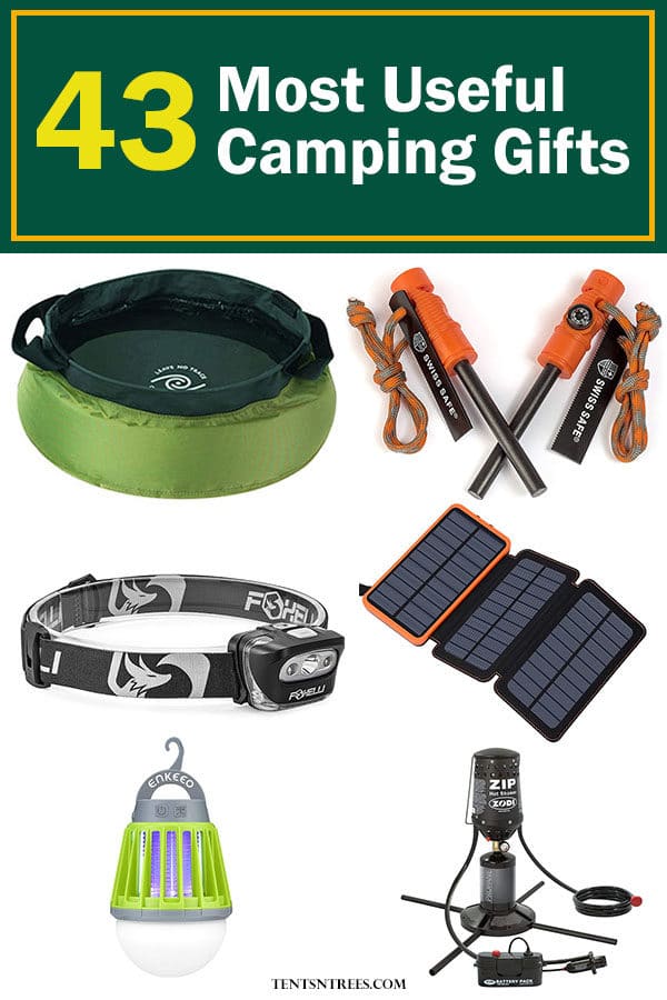 The 43 most useful camping gifts for outdoor lovers. This list offers the best camping gift ideas for those who love to go camping. #TentsnTrees