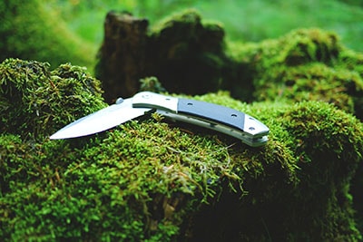 Folding camping knife in the woods.