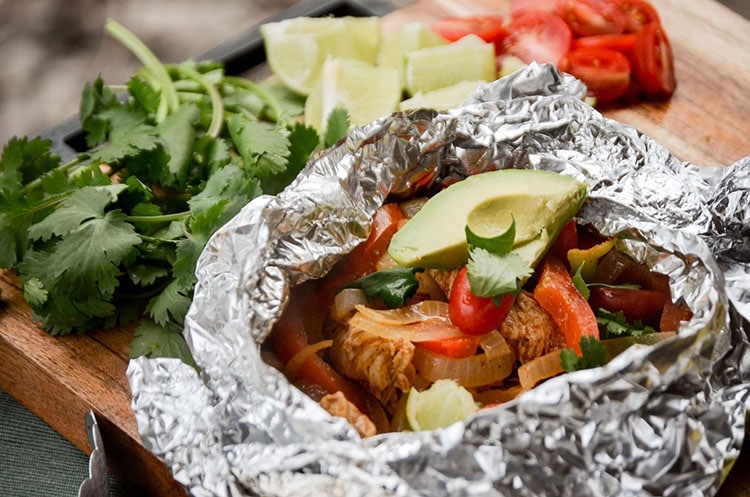 Foil pack grilled fajitas for camping.