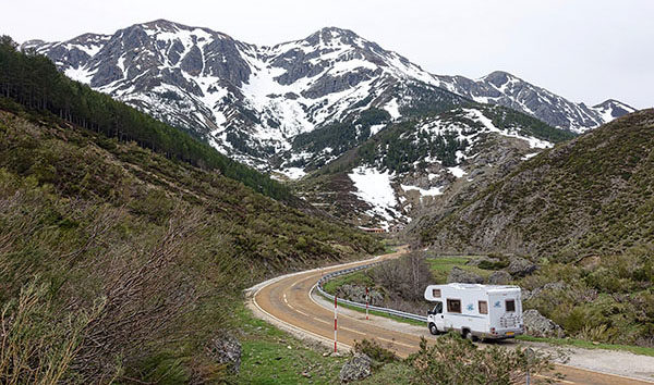 Driving on the road in an RV.