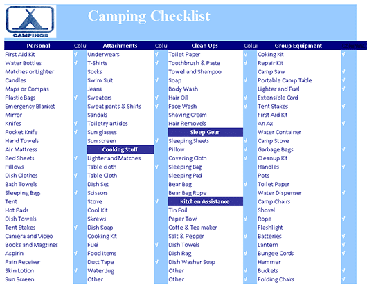 Example camping checklist
