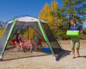 A screened in camping canopy.